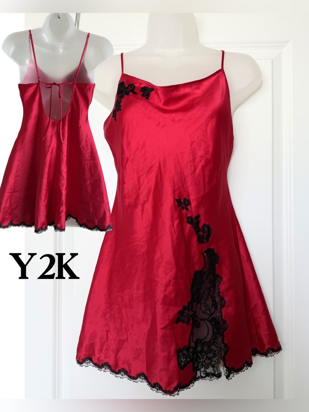 Victoria's Secret Y2K Red Satin Black Lace Slip Dress Babydoll Dark Romantic
